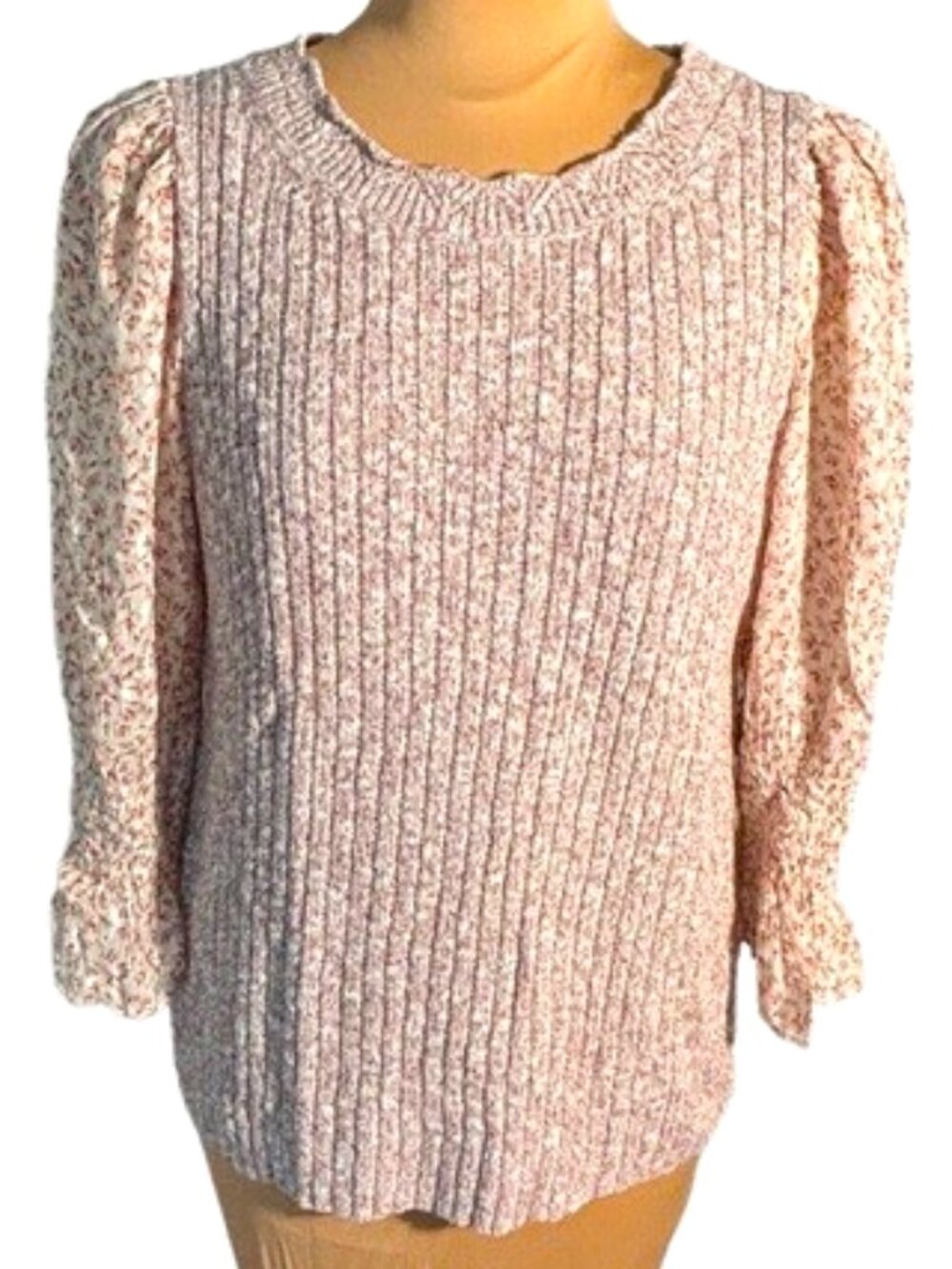 Rebecca Taylor Ribbed Knit Top Floral Sheer Puff Sleeve Romantic Large